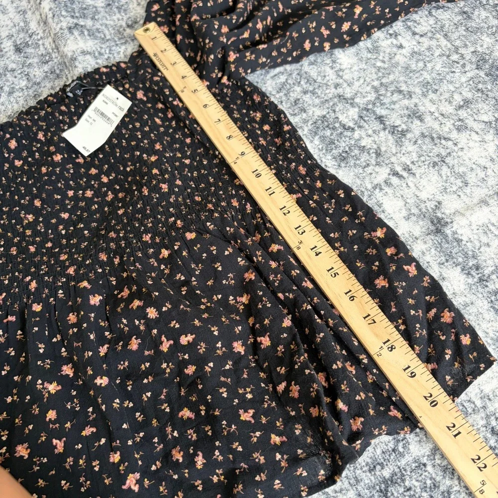 Madewell Smocked Floral Puff Sleeve Blouse 12 Black‎ Womens NWT Boho Square Neck